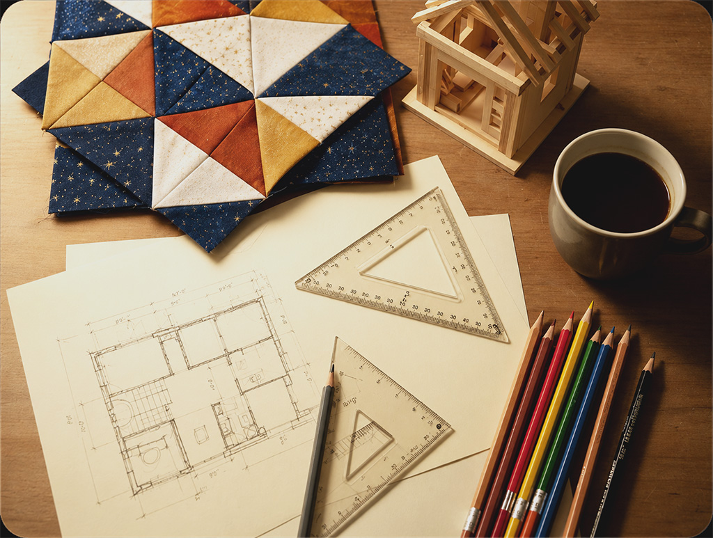 A still life of orange-and-yellow quilt blocks, a wooden house model, a blueprint, colored pencils, and a coffee mug